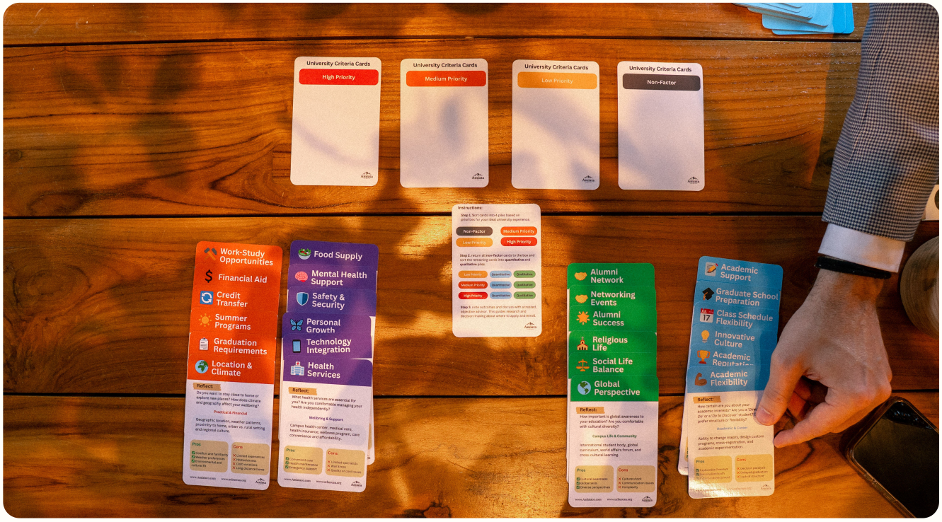 University decision cards spread on a table